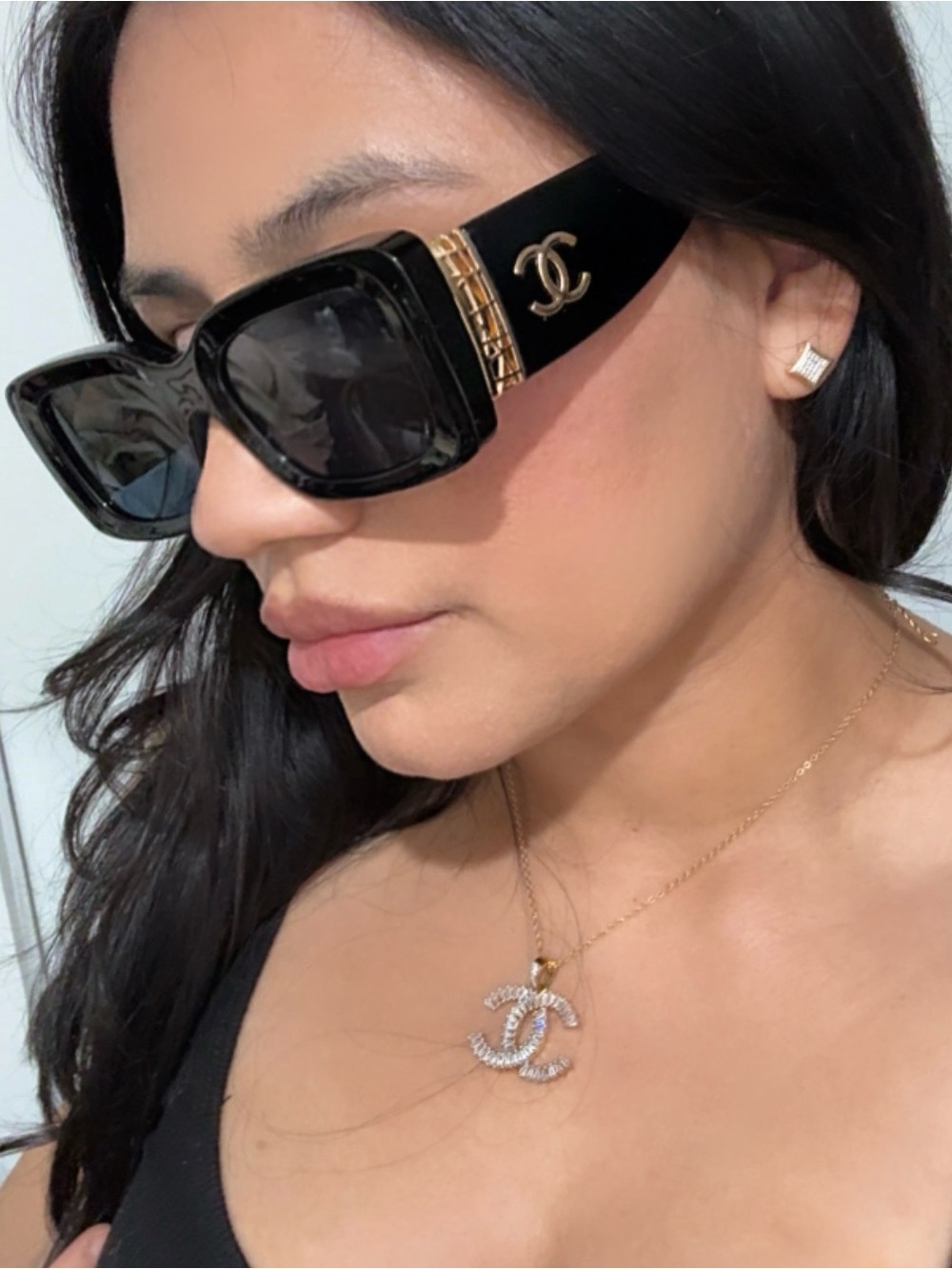 CHANEL Black & Gold Rectangular Women's Sunglasses-
Interlocking CC